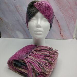 Hand Crocheted Pink and Gray Scarf and Headband Set